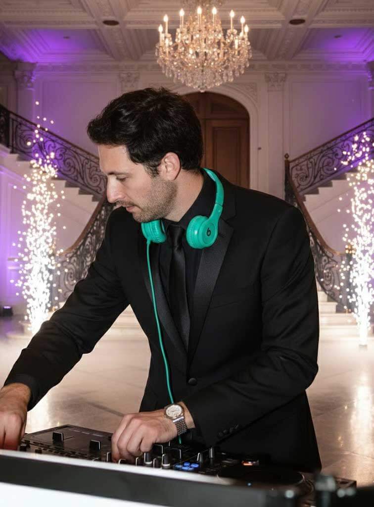 A man in a black suit and green headphones operates DJ equipment in an elegant room with a chandelier, staircase, and sparkler effects in the background.
