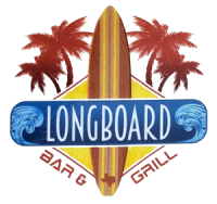venue-south-texas-Longboards-Logo Logo for Longboard Bar & Grill featuring a surfboard, blue sign, and red palm trees in the background.
