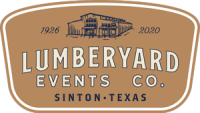 venue-south-texas-Lumberyard-Events Brown and tan logo for Lumberyard Events Co. in Sinton, Texas, featuring a building sketch and the years 1926 and 2020.