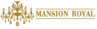 venue-south-texas-mansion-royal Gold chandelier graphic next to the words "MANSION ROYAL" in gold uppercase letters with a horizontal line above and below “ROYAL”.