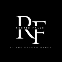 venue-south-texas-rustic-falls White "RF" monogram with "Rustic Falls" and "At The Vaughn Ranch" text on a black background.