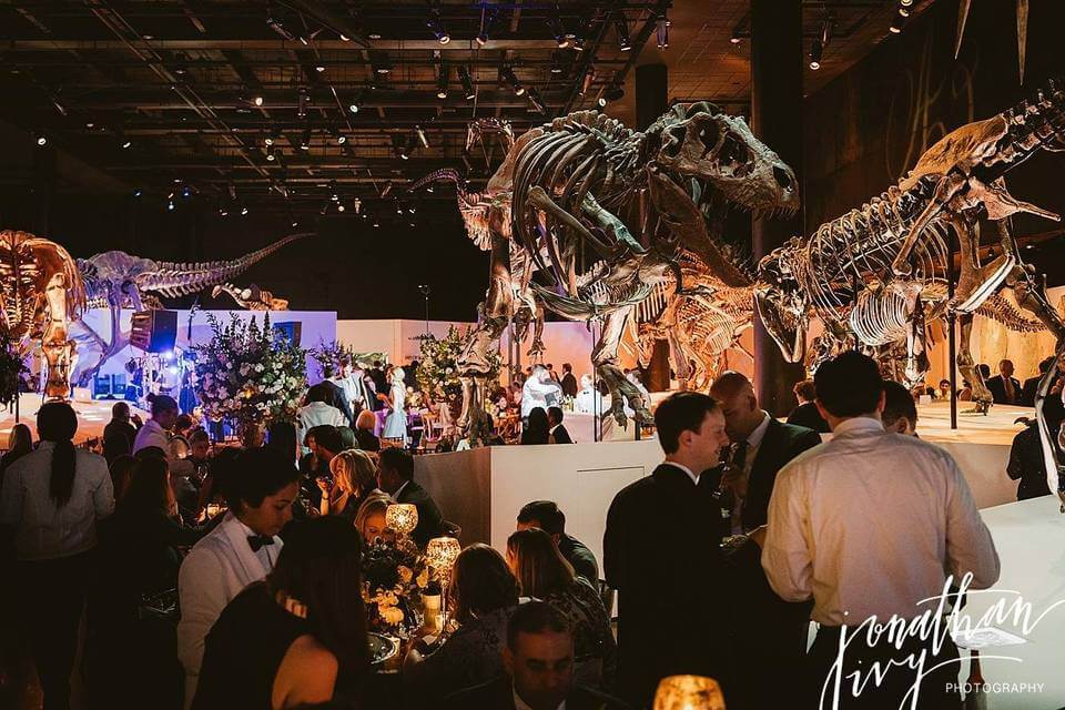 Guests attend a formal wedding reception in a large hall decorated with dinosaur skeleton displays and floral arrangements.