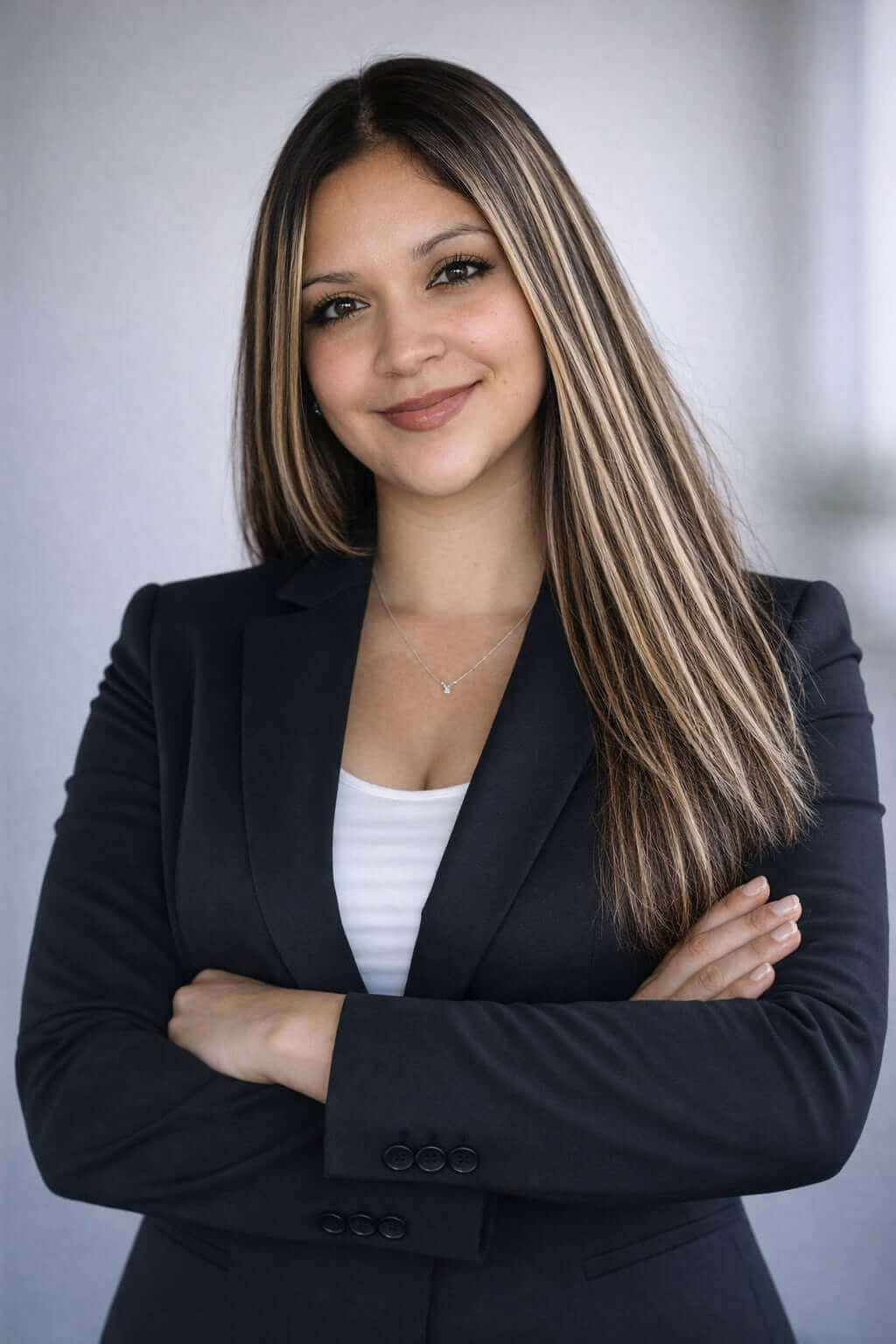 Woman with long straight hair and highlights wearing a black blazer and white top, standing with arms crossed and smiling at the camera.