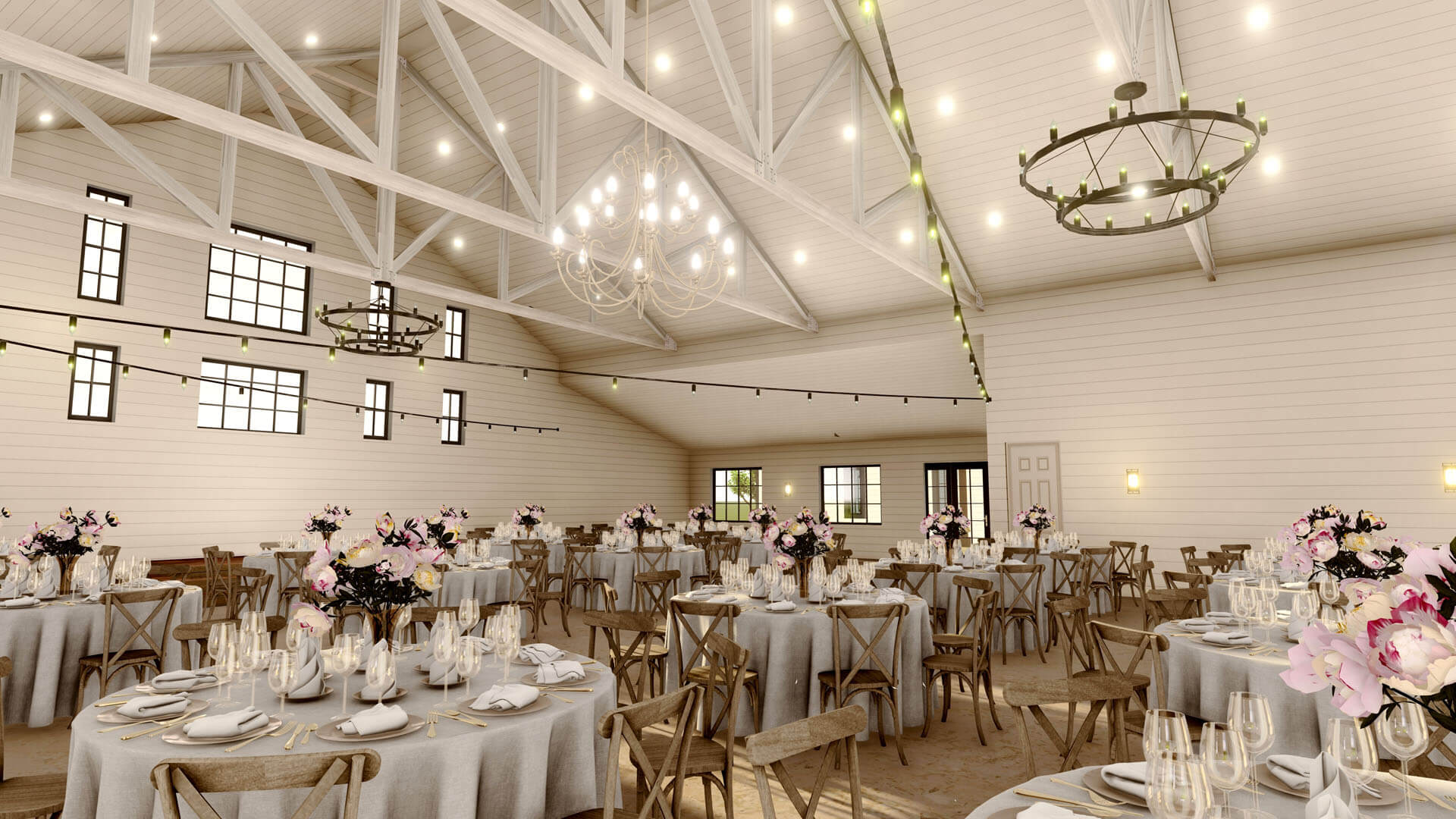 Spacious banquet hall with exposed beams, round tables set with flowers and glassware, wooden chairs, and large chandeliers—one of the most charming wedding venues in Fort Worth.