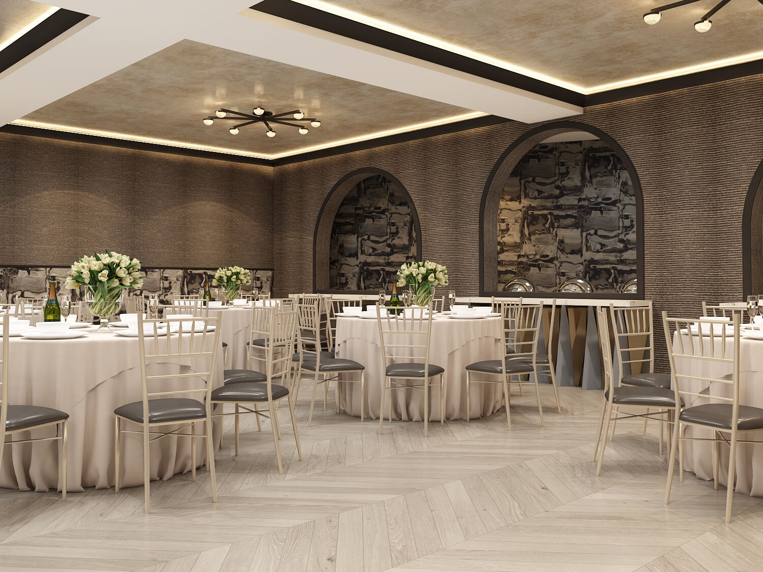 Elegant banquet hall with round tables covered in white cloths, gold chairs, floral centerpieces, and modern lighting—ideal for special events and perfect for those seeking sophisticated wedding venues in Austin.