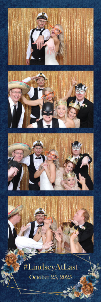 A navy four-frame photo strip template with gold and blue florals and a geometric line at the foot.
