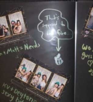 Long Island wedding photo booth by Toast: a guest album page with photo booth strips, handwritten captions, and a chalk-drawn doodle.